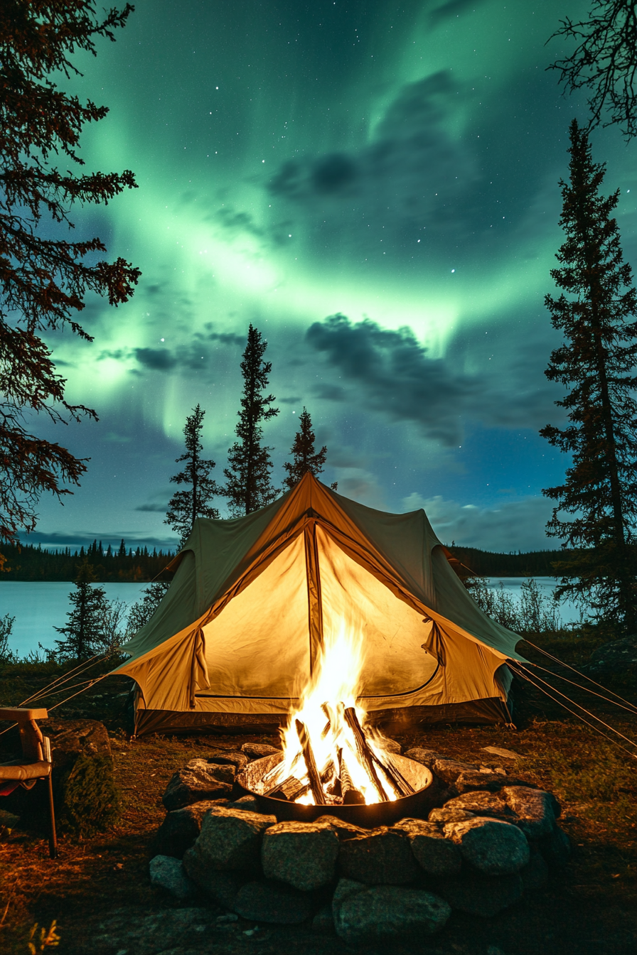 High Alpine Site. Canvas tent facing northern lights next to a stone-surrounded fire pit.
