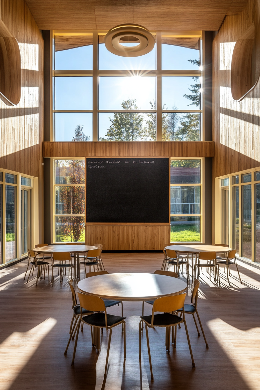 Community Learning Space. Filled blackboard in sunlit open teaching zone with circular tables.