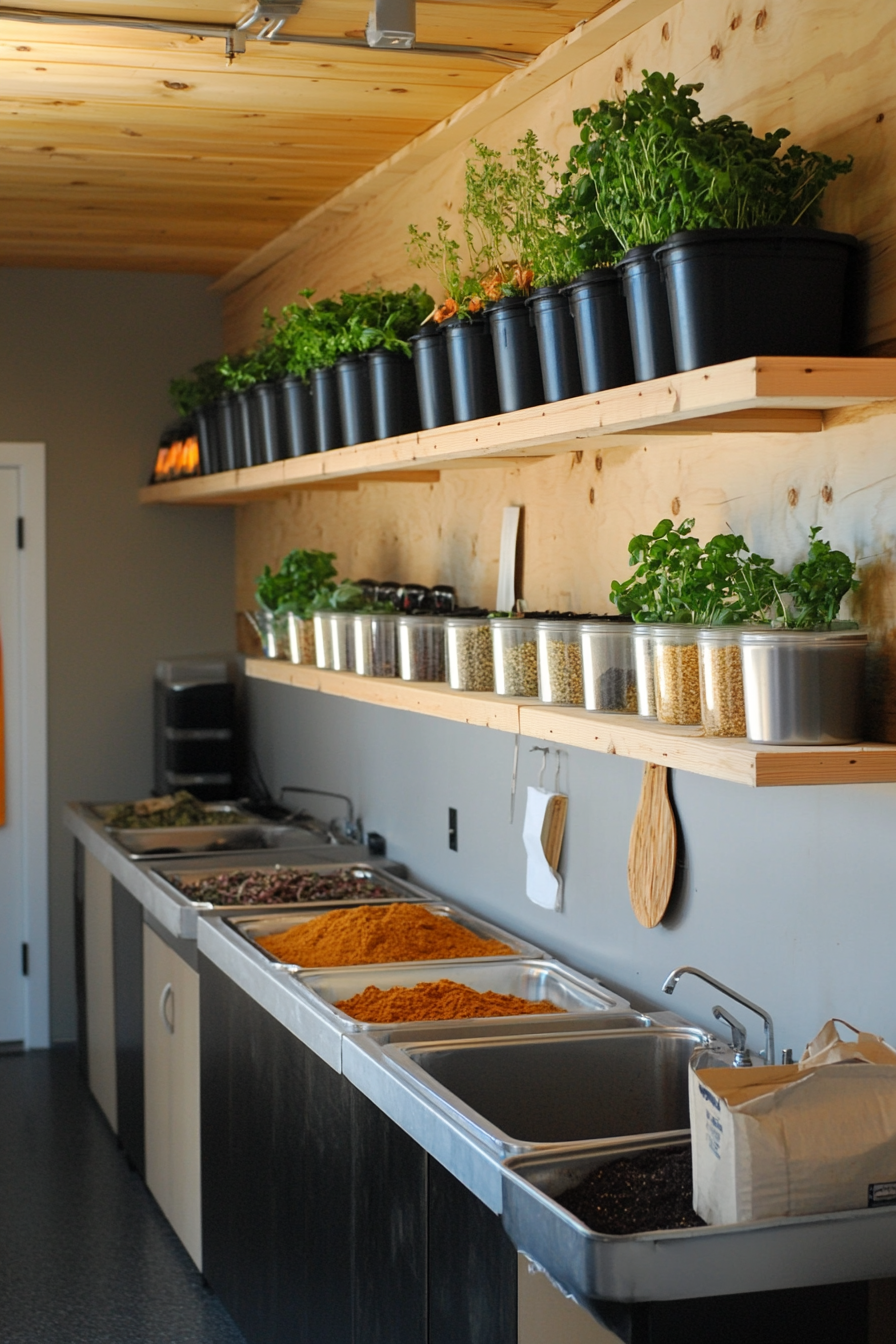 Community cooking space. Compost system near bulk grain containers and herb wall.