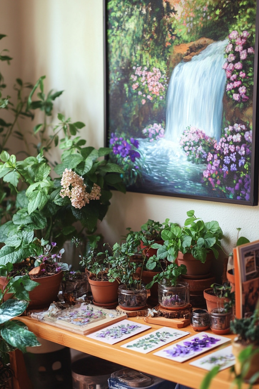 Wellness escape space. Terrarium corner, pressed flower cards, tranquil waterfall painting.