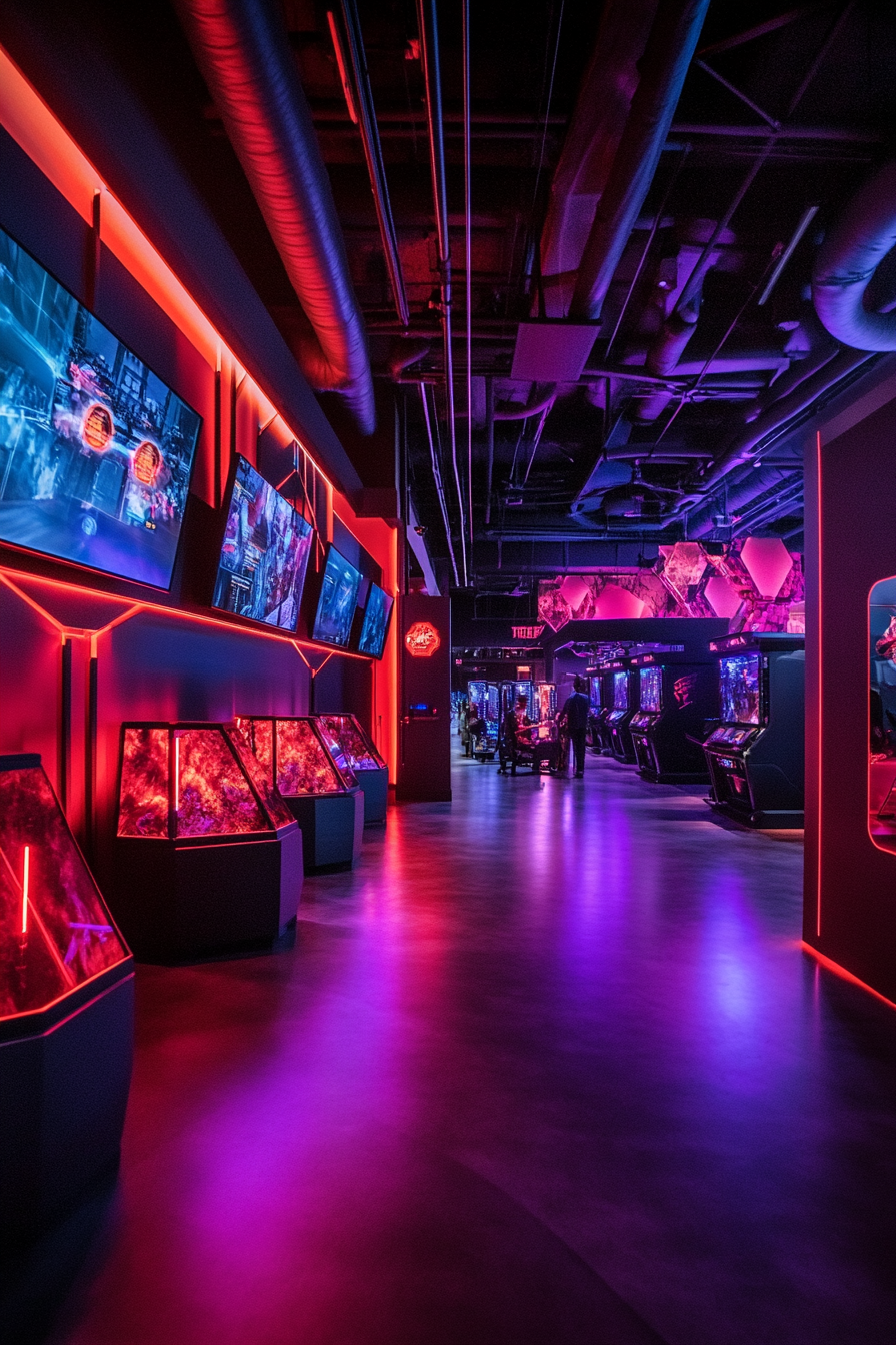 Social gaming space. Large screens displaying live tournaments, futuristic VR pods.