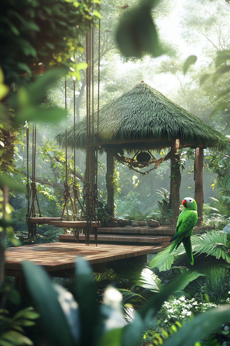 Jungle clearing space. Raised wooden platform, large thatched-roof gazebo, green parrot on swing.