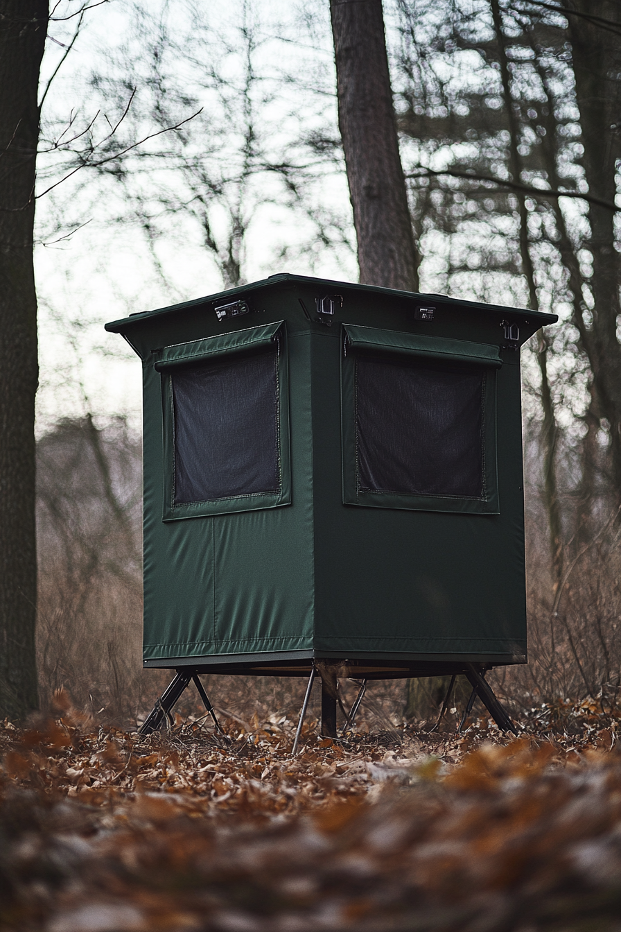 Nature observation space. Dark green hunting blind with integrated camera mounts.