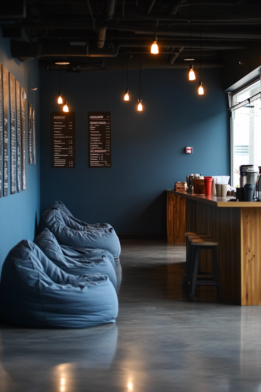 Event support space. Cozy beanbag chairs lined up near coffee station wall.