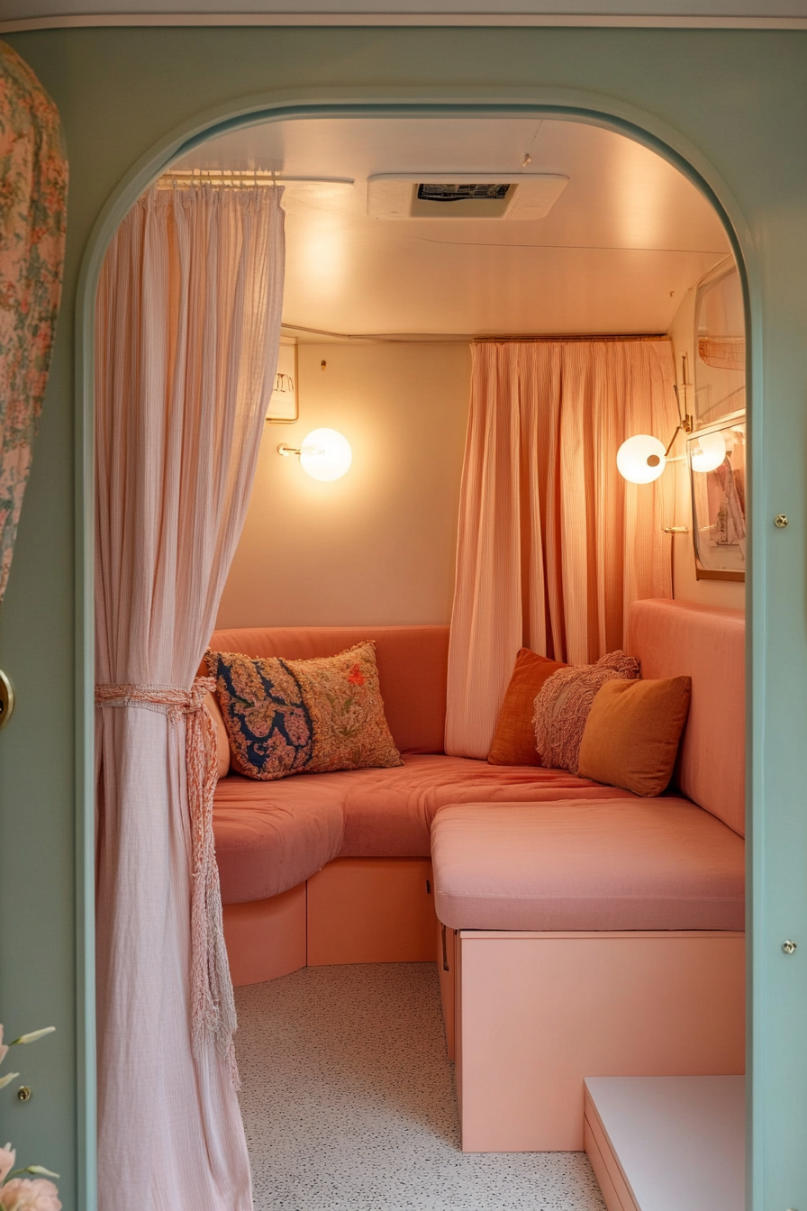 Therapy van space. Pastel color scheme, cozy seating, decorative curtains and soundproof partitions.