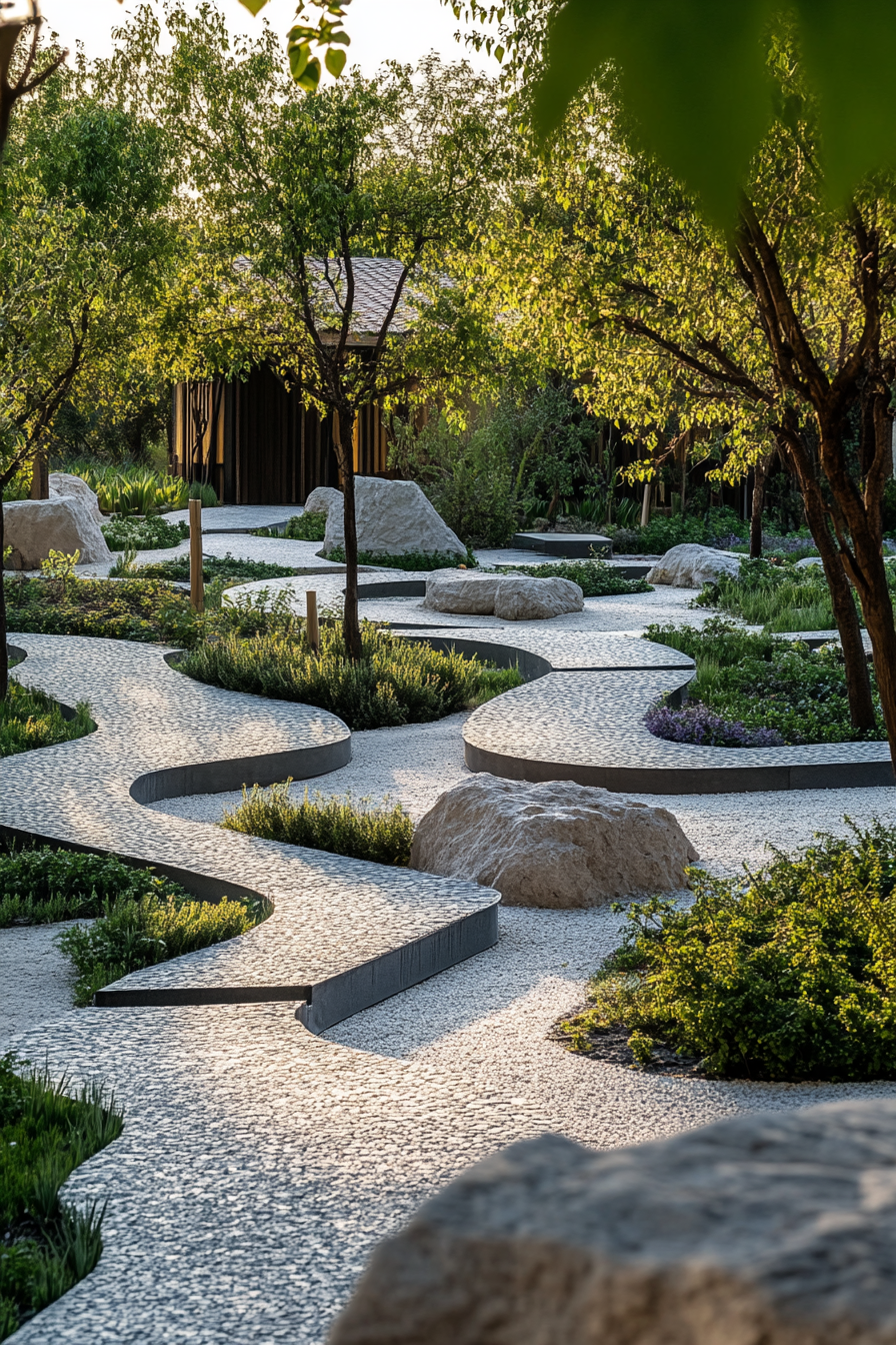 Wellness Space. Herbal healing garden with winding stone paths.