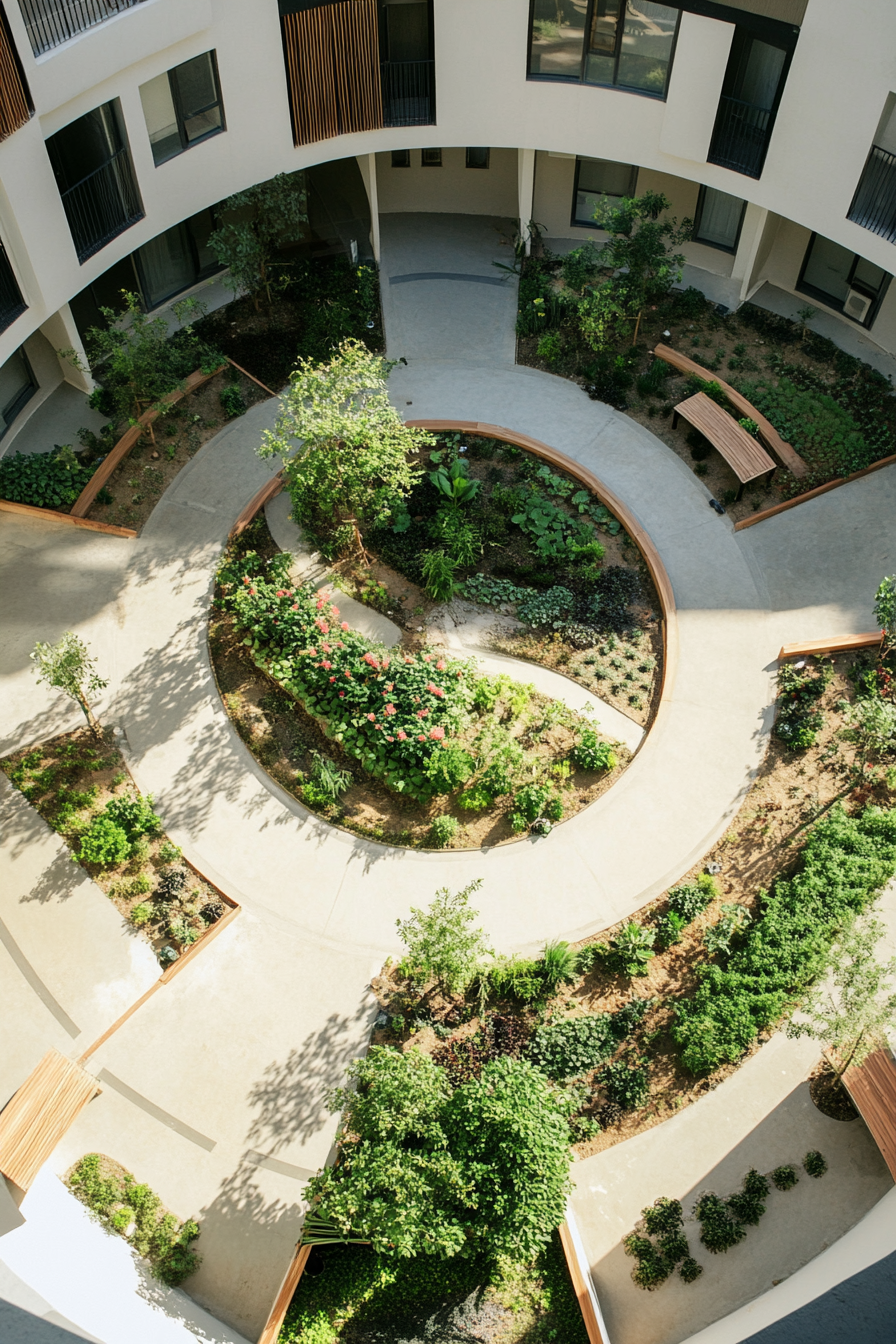 Community living space. Circular layout with central vegetable garden.