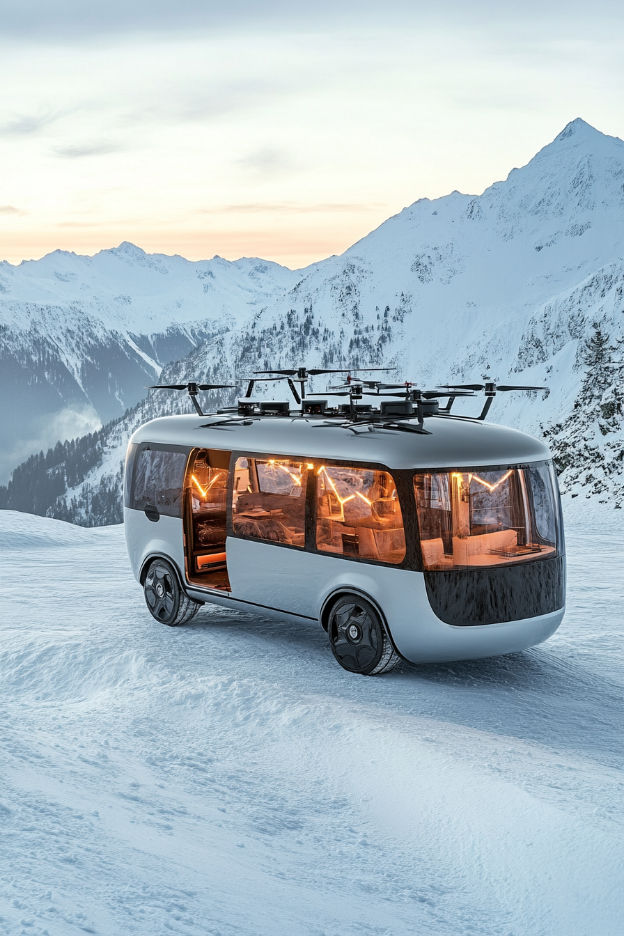 Alpine mobile space. Snow-covered mini bus with rooftop drone docking station.