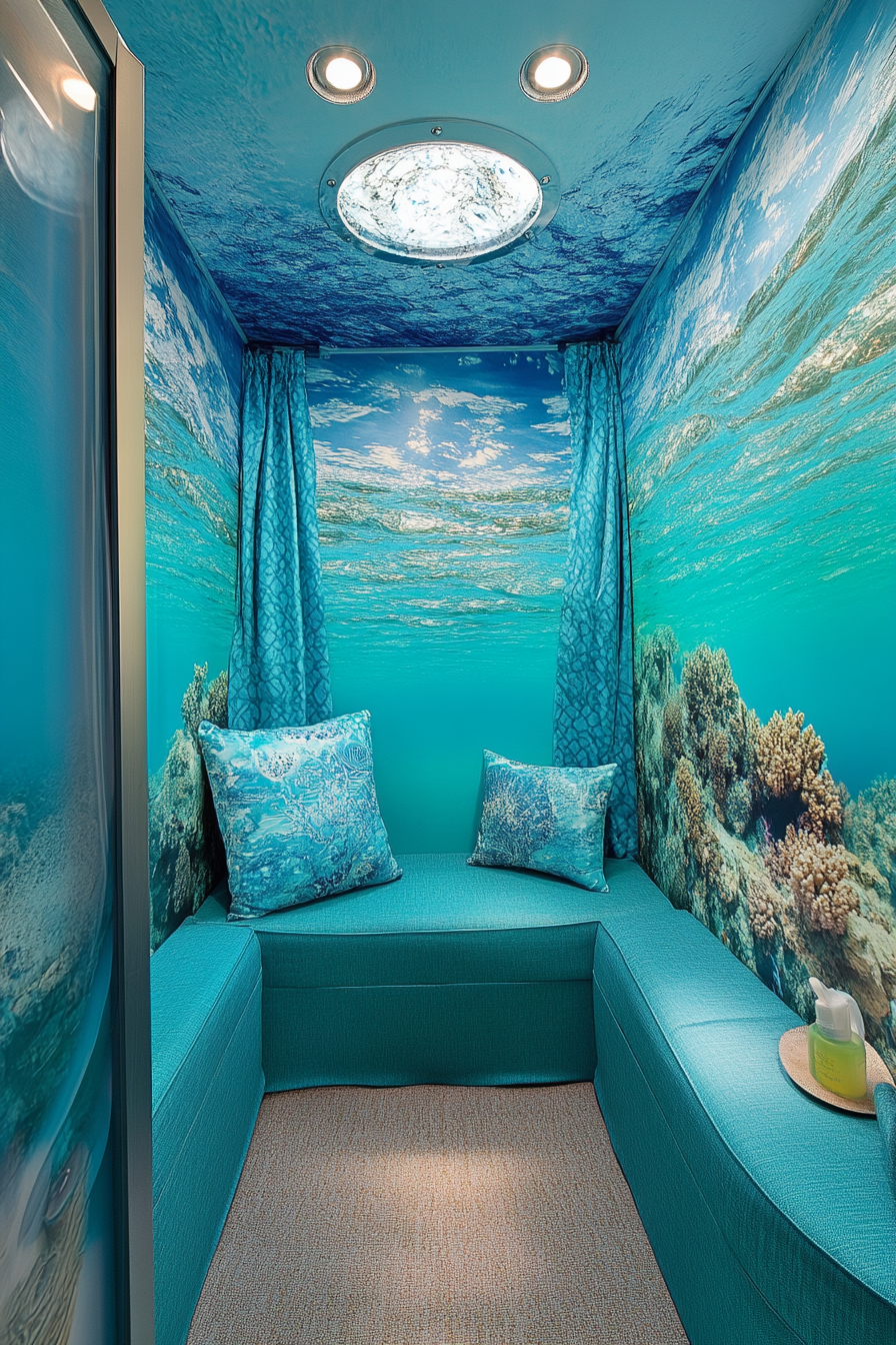 Therapy van space. Ocean motif soundproof walls with tiffany blue gazebo canopy consultation area.