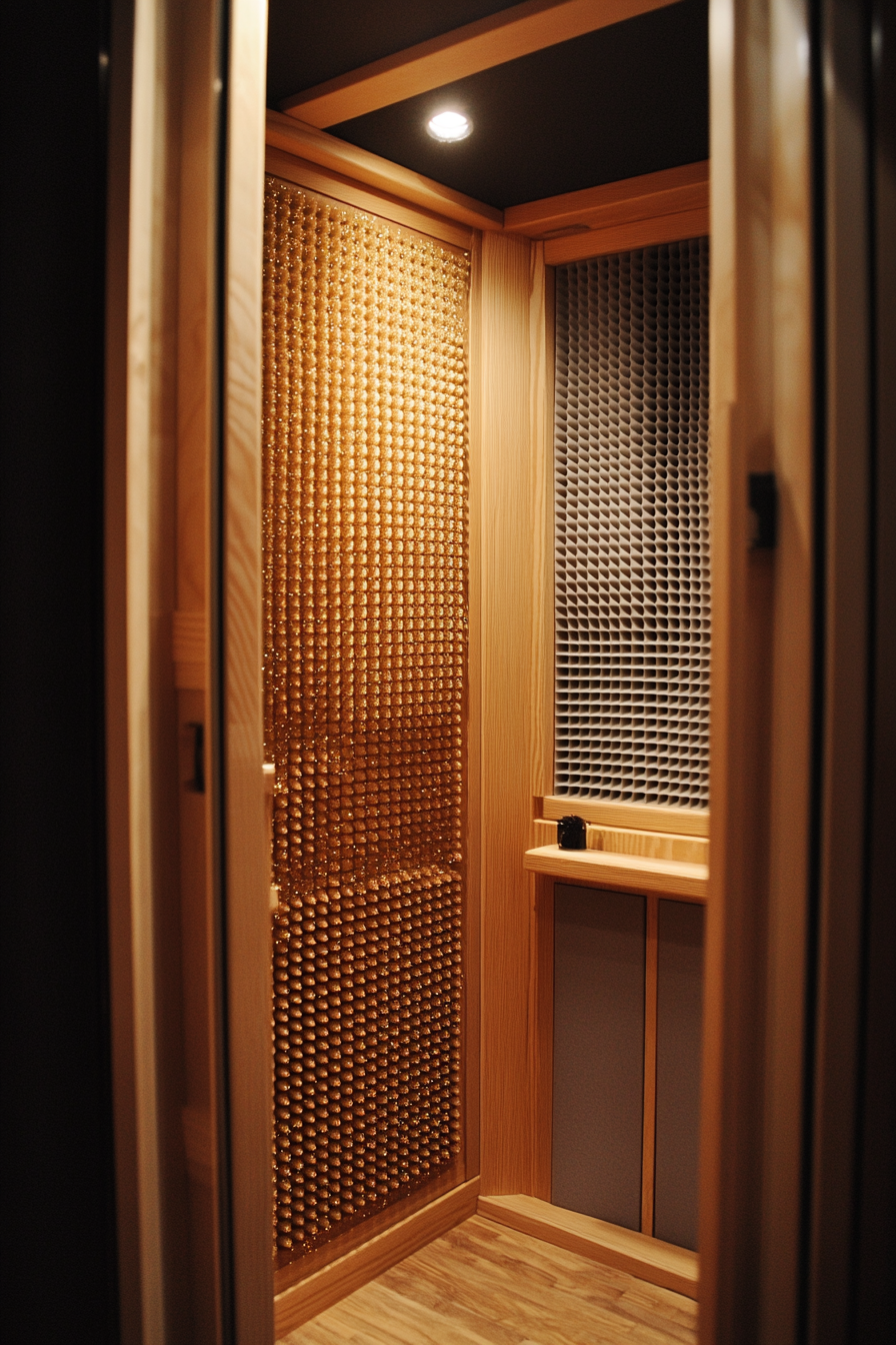 Mobile Recording Space. Sound booth with gold-speckled foam paneling.