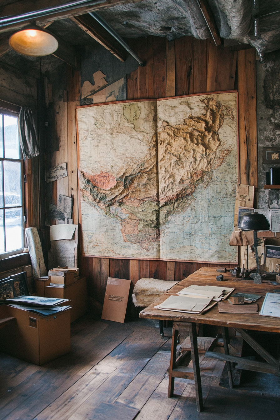 Mountain community space. Rustic wooden map room with topographic maps.