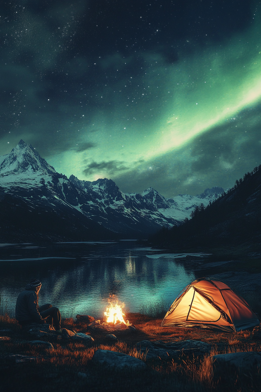 High Alpine site. Aurora-viewing tent facing northwest, by fire pit, with direct snow-capped peaks view.