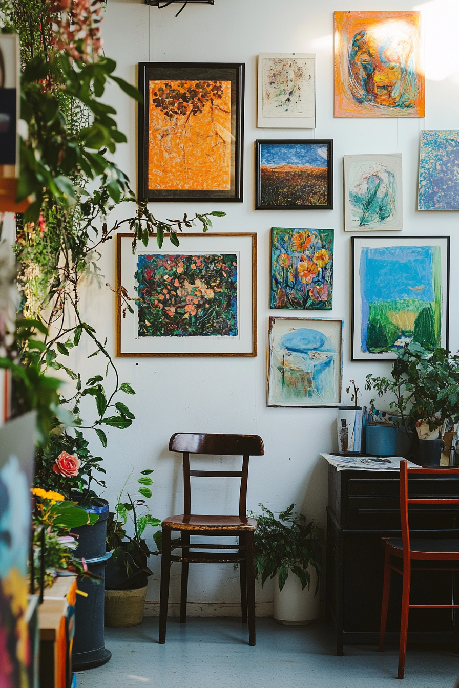 Creative Community Space. White-washed gallery wall filled with colourful local art.