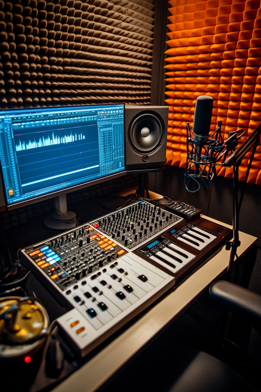 Portable studio space. Foam panel acoustic treatment, microphone recoding booth, mix station with soundboard.