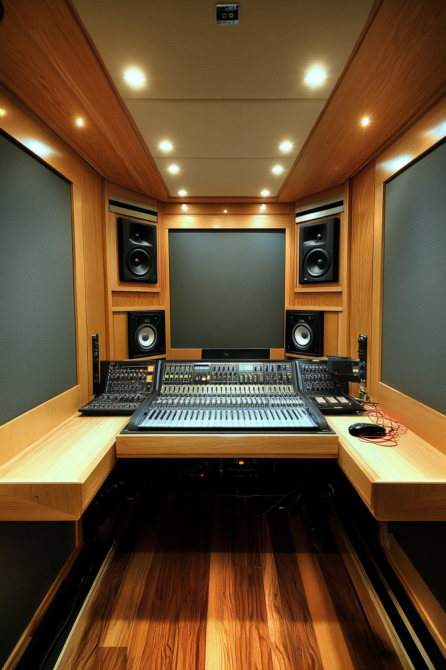 Mobile Studio Space. Acoustic paneling on walls with sound isolation booth and mix console.