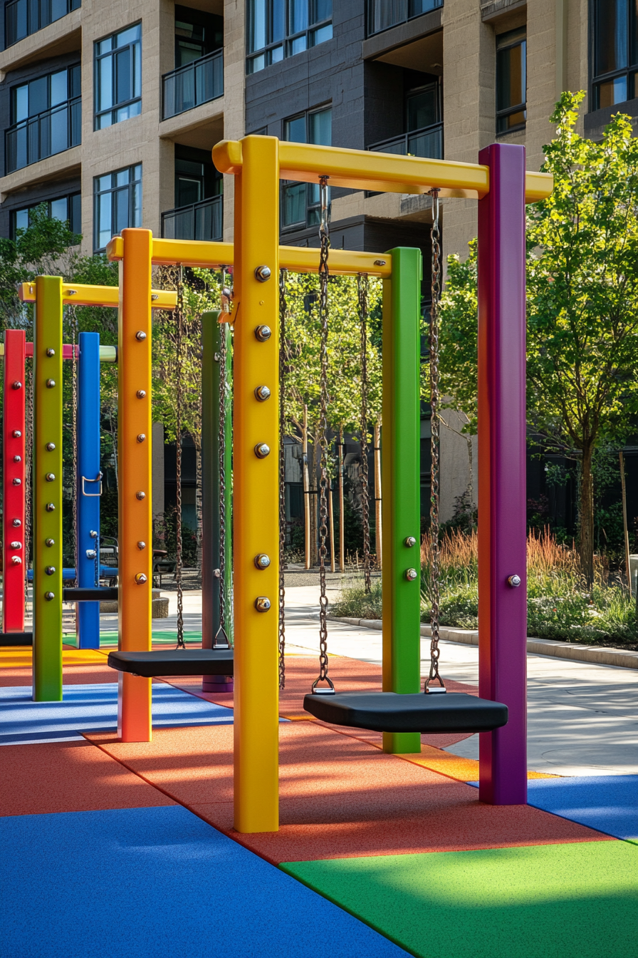 Fitness community space. Outdoor gym with color-coordinated exercise equipment.