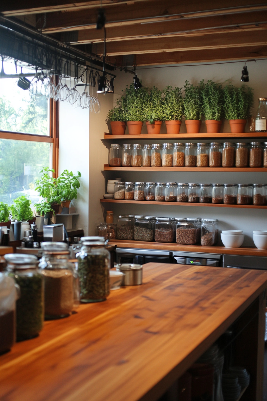 Community Cooking Space. Walnut countertops, clay bulk storage jars, topiary herb wall, central compost system.