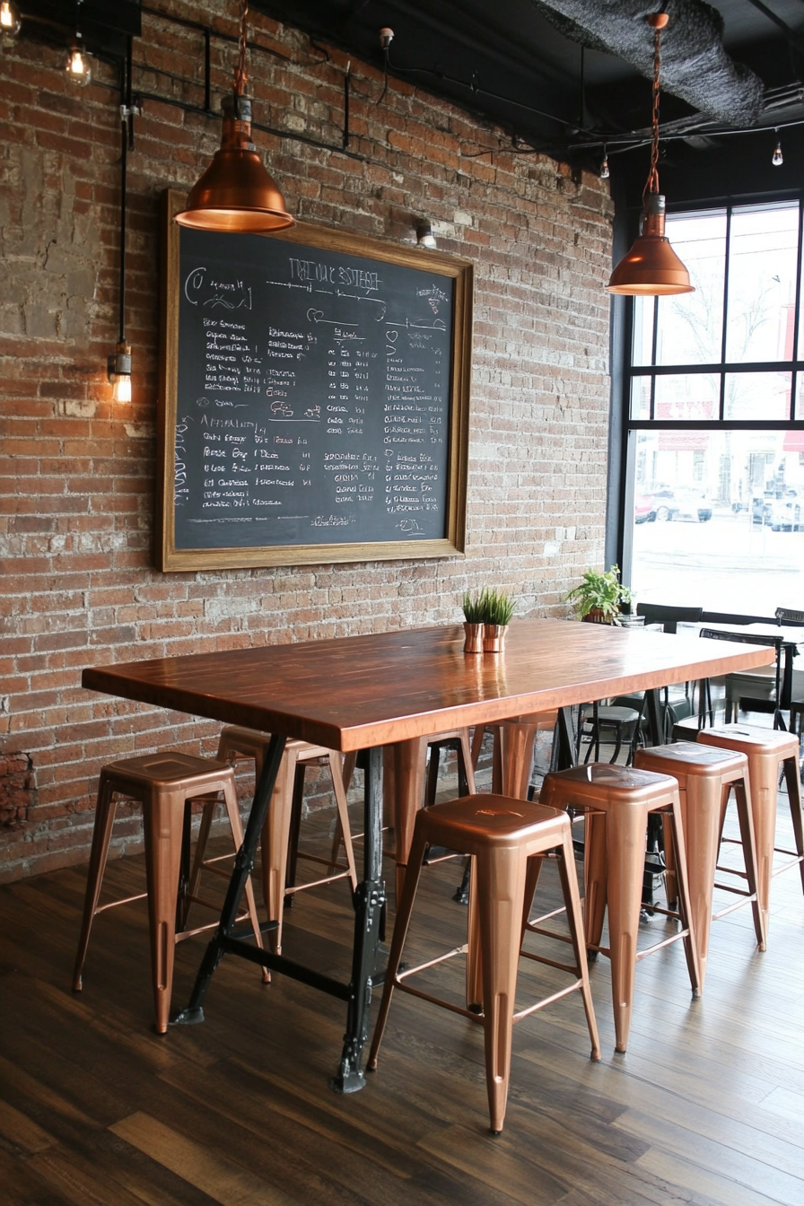 Social cooking space. Copper-toned stools around a massive maplewood table, chalkboard menu on brick wall.