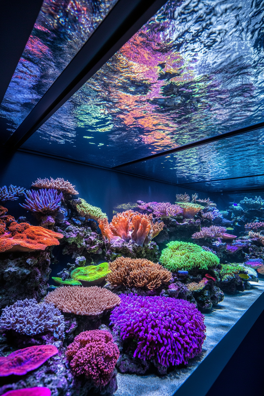 Coastal research space. Wall-to-wall aquarium with vibrant coral colonies.