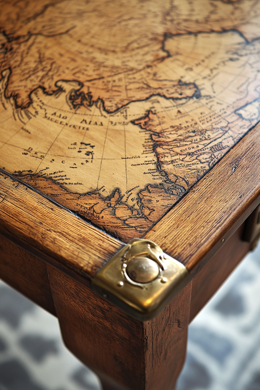 Mountain community space. Antique wooden map table with brass detailing.