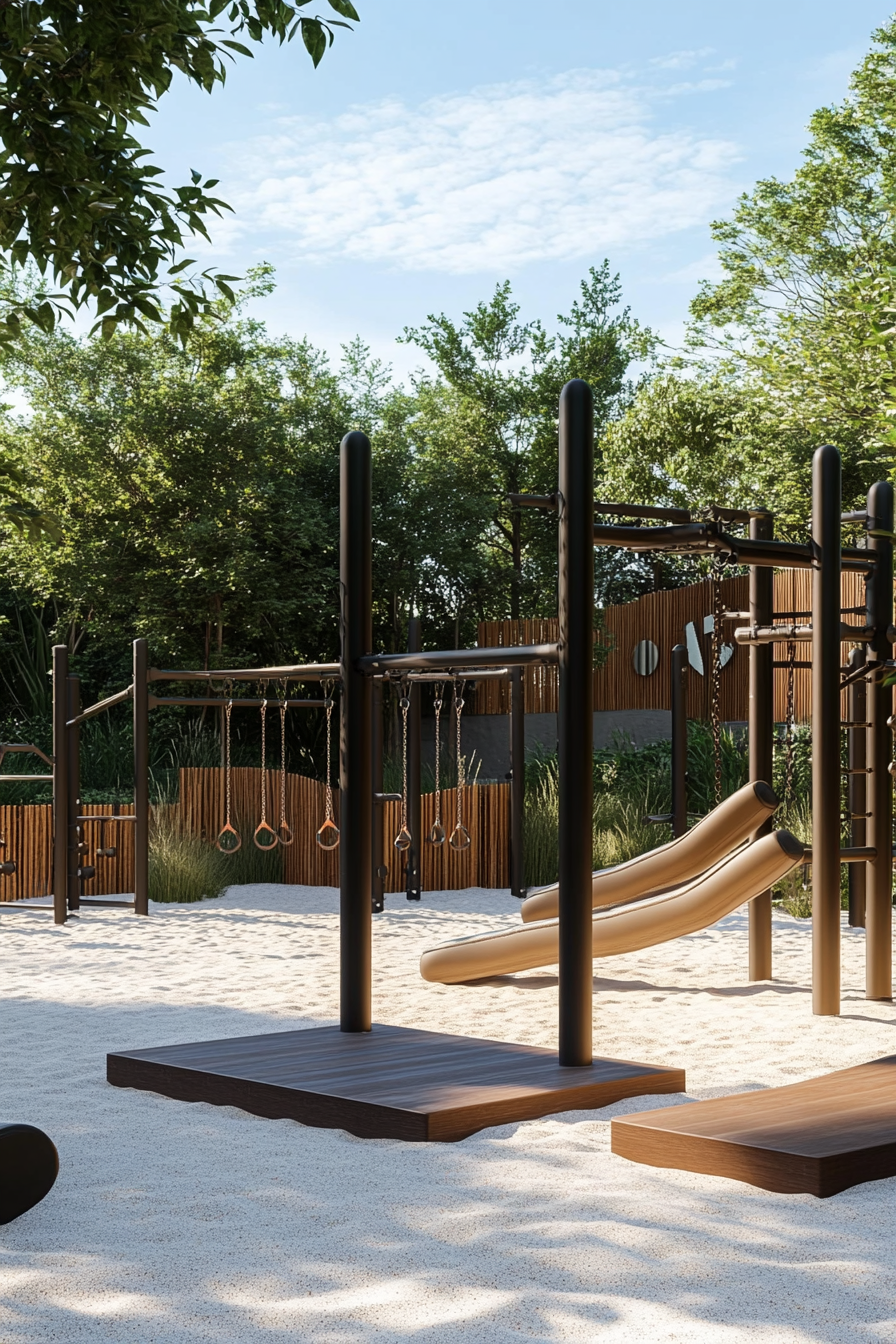 Fitness Community Space. Outdoor gym with multi-purpose training rigs and sand track.