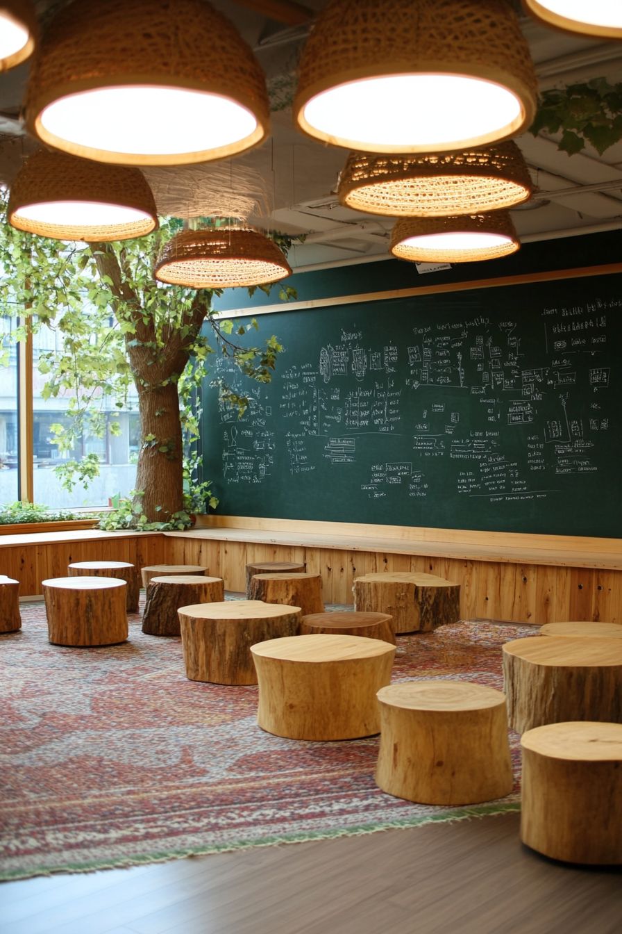 Community Learning Space. Teaching zone with forest green chalkboard.