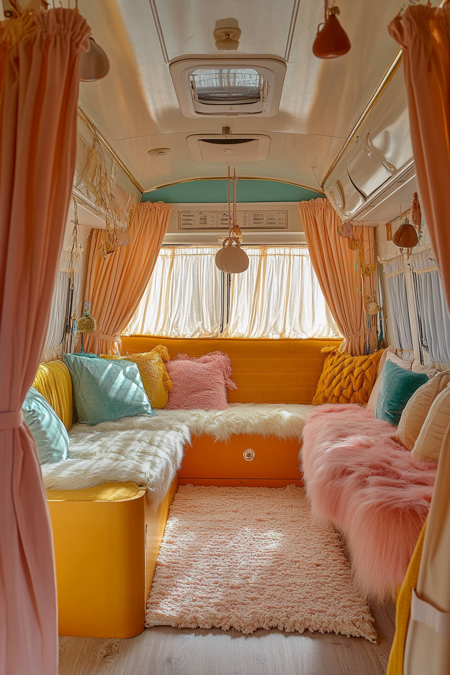 Therapy van space. Velvet insulating curtains, pastel color scheme, teardrop sound absorbers.