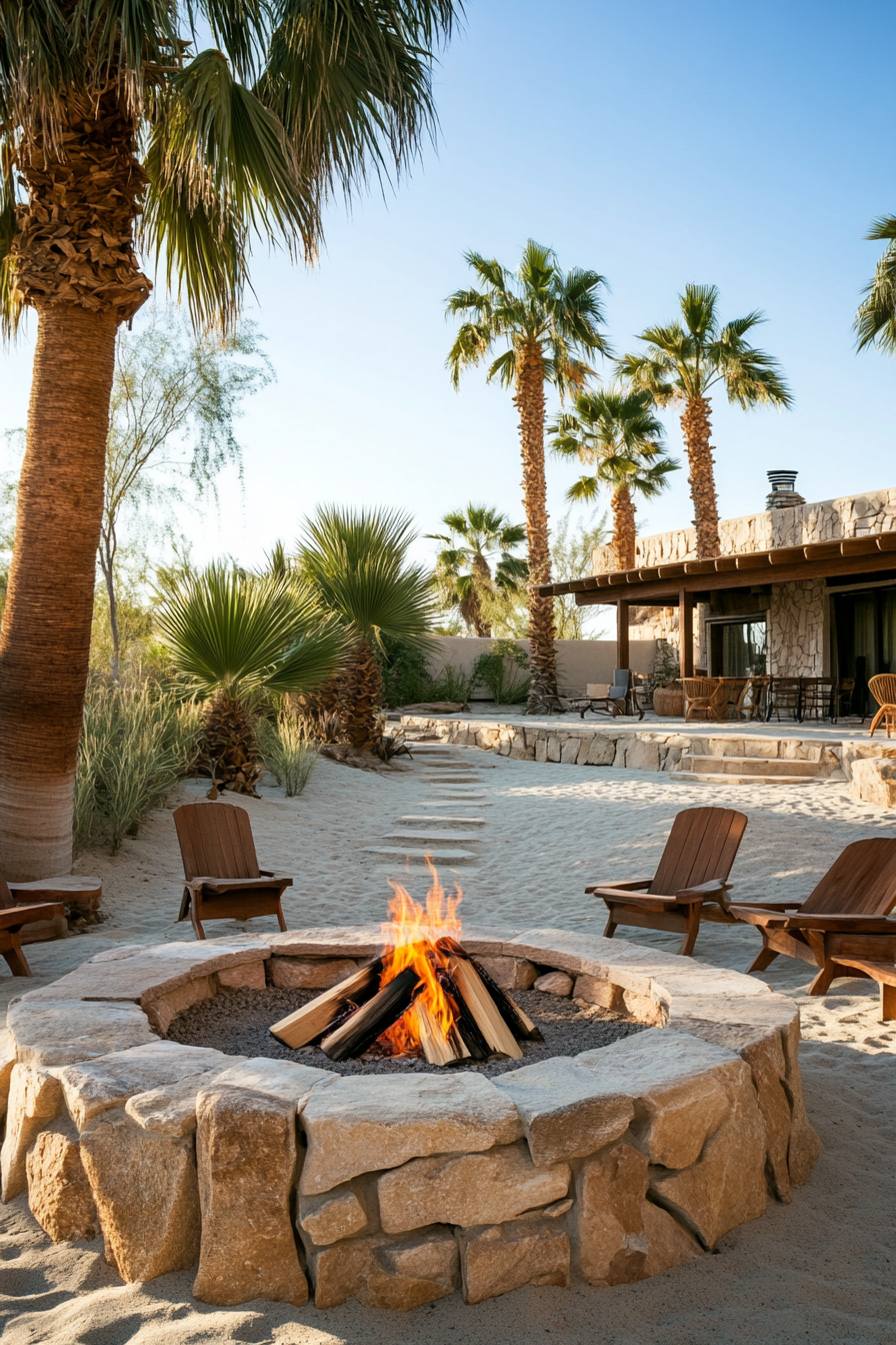 Palm Grove Space. Adorned fire pit, spring trickle nearby, overlooks sweeping sand dunes.