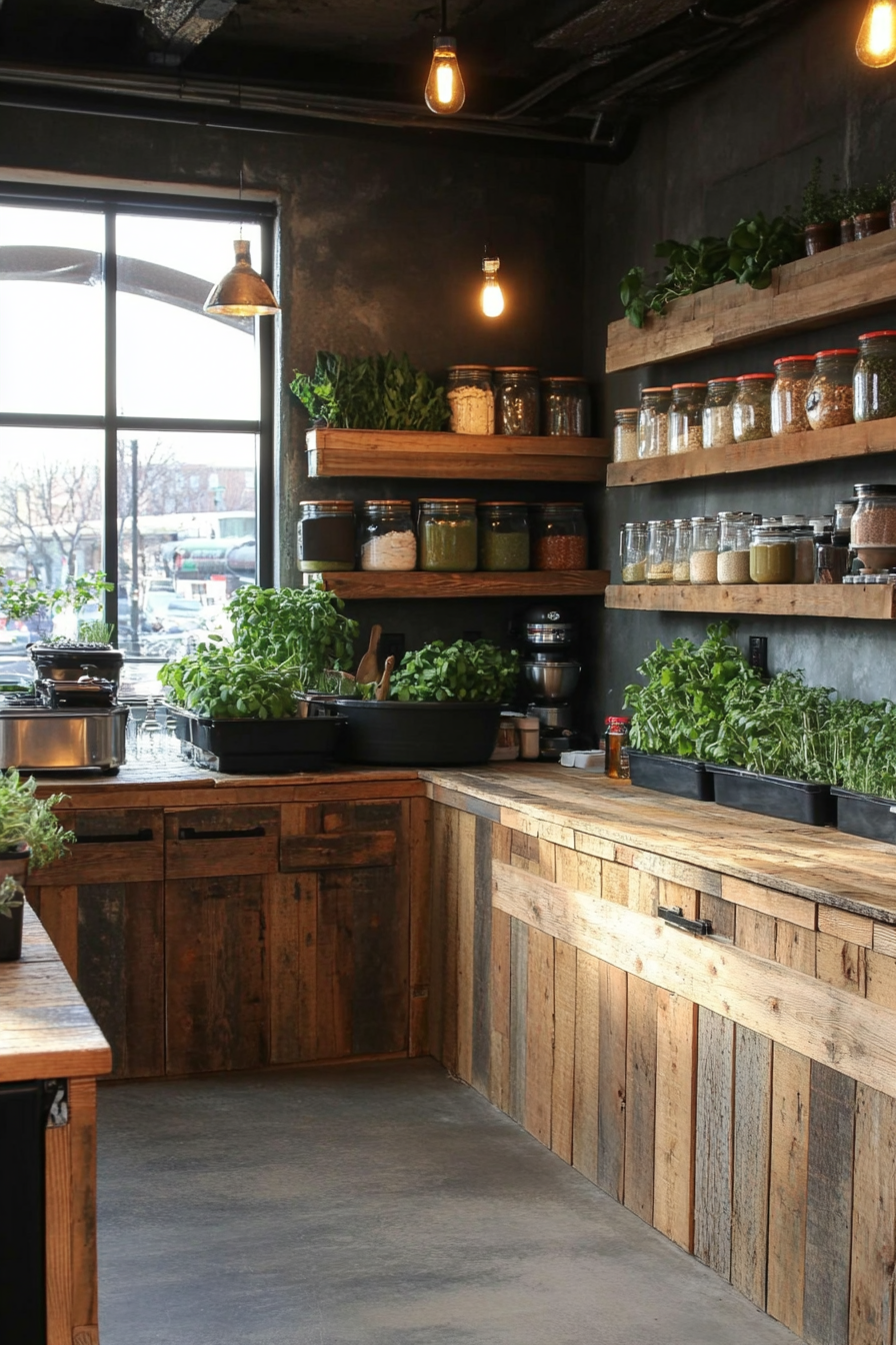 Community cooking space. Weathered wooden counters, rustic bulk storage bins, vivid herb wall, corner compost system.