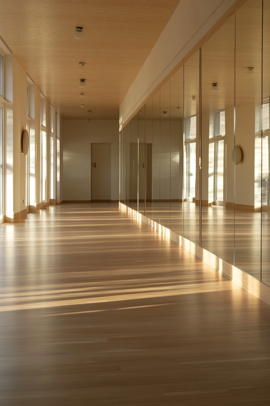 Movement Practice Space. Rectangular studio, mirrored wall, oak sprung floor, professional sound system.