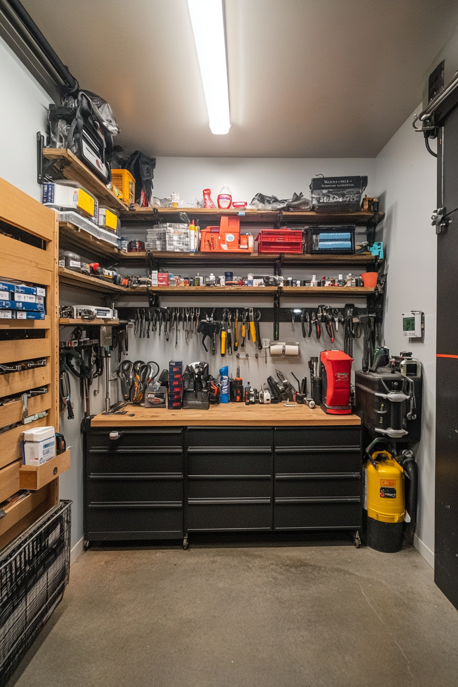 Technical Support Space. Wall stacked with toolkits, pressure wash bay, shelf stockpiled with spare parts.