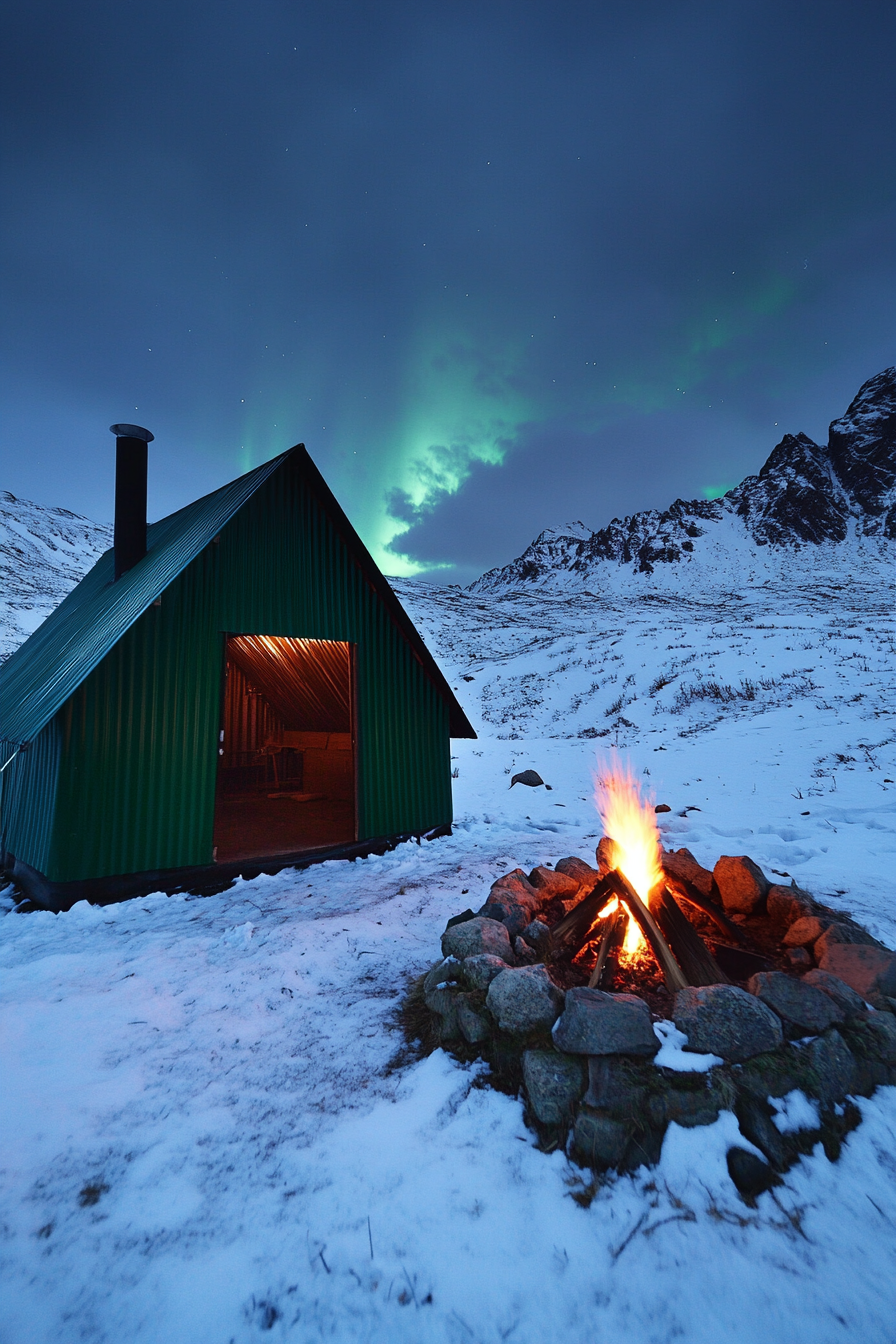 High Alpine Site. Wind-protected fire pit with corrugated metal shield, green tent positioned for aurora viewing.
