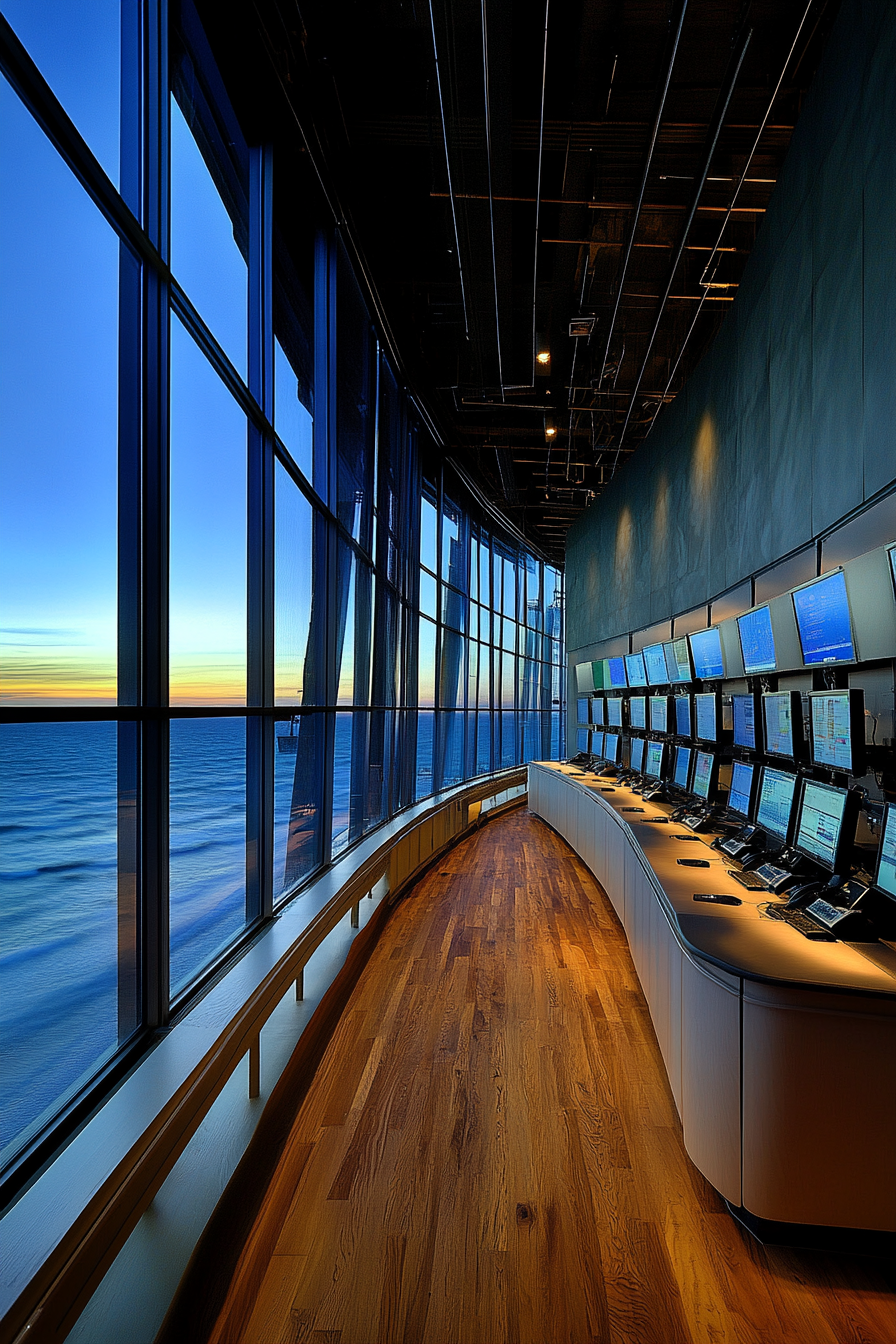 Coastal analysis space. Beach-themed, panoramic weather monitoring center with supercomputers and floor-to-ceiling windows.