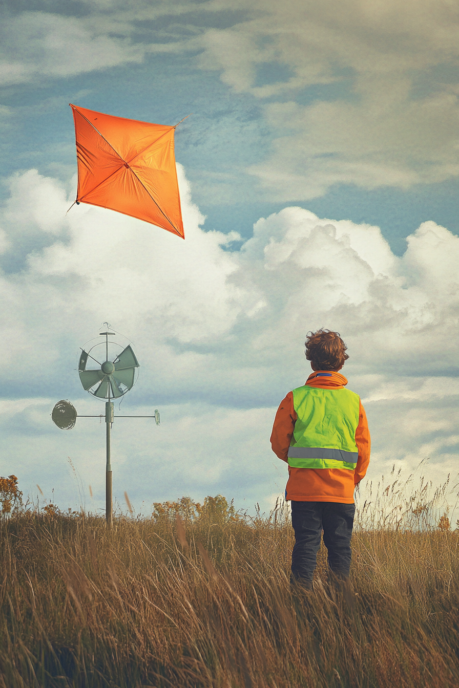 Adventure launch space. Bright orange kite, floating weather vane, green safety vest.