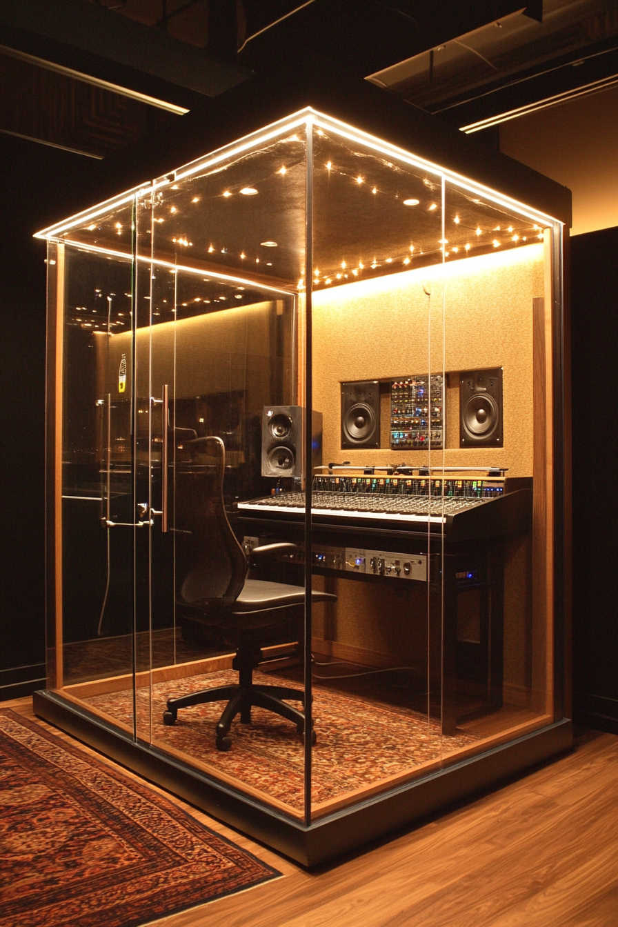 Mobile Recording Space. Glass sound booth with dimmable lights.