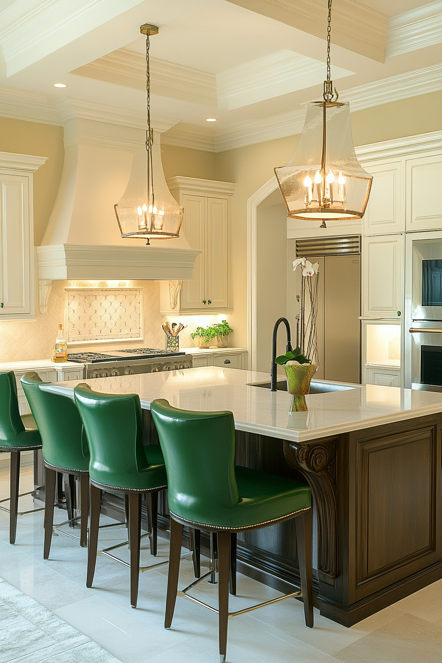 Social cooking space. Chef-grade kitchen island with emerald green bar stools.