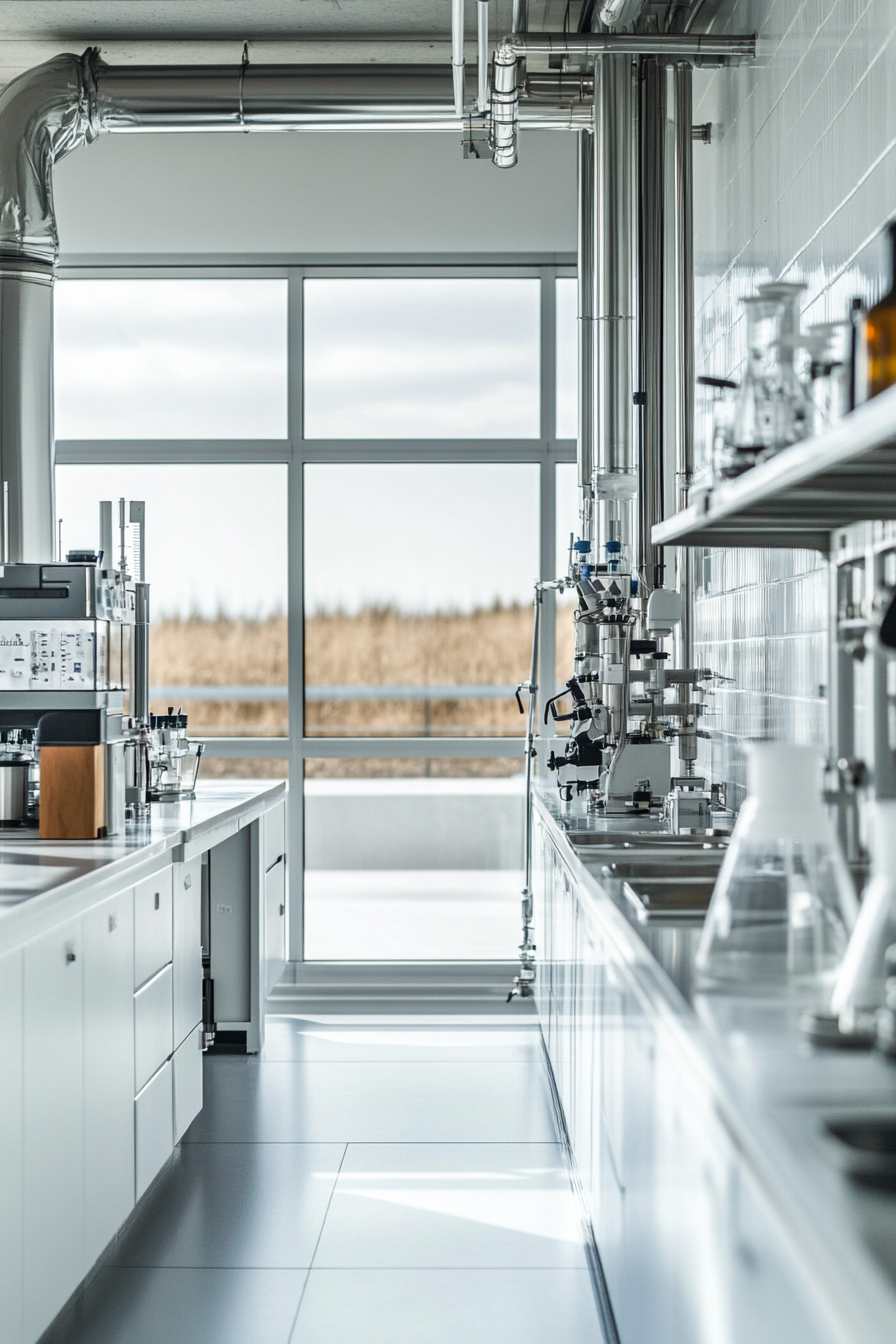 Coastal Research Space. White-walled wet lab with chrome equipment.