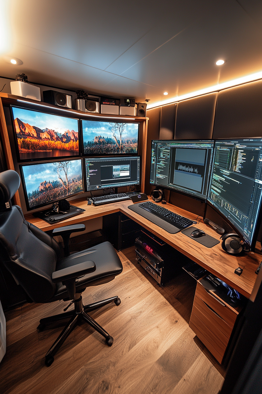 Creative mobile space. Editing bay with sleek monitors and wireless keyboard.
