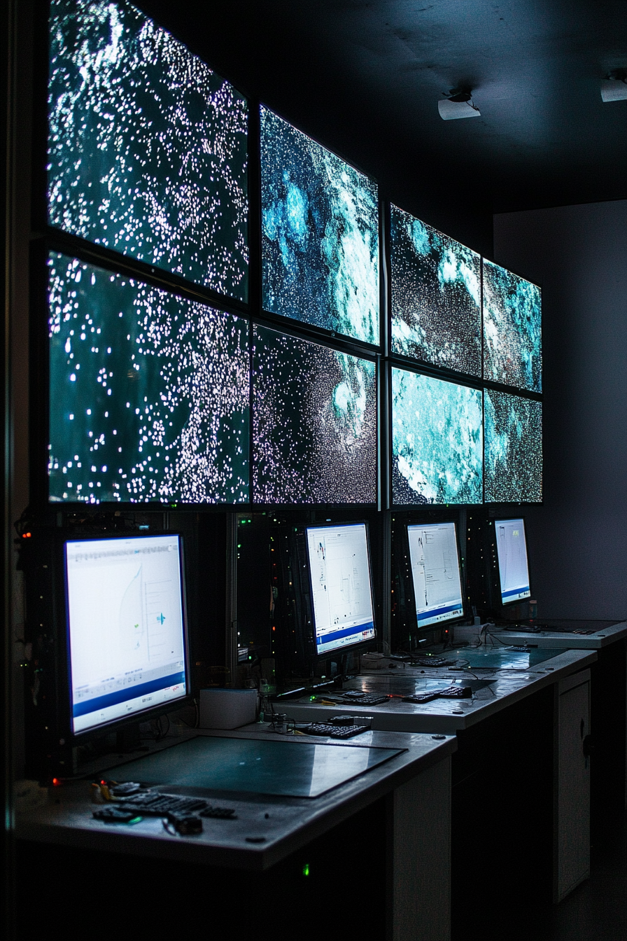 Coastal analysis space. Weather monitoring stations with high-resolution photorealistic satellite images displayed on LED screens.
