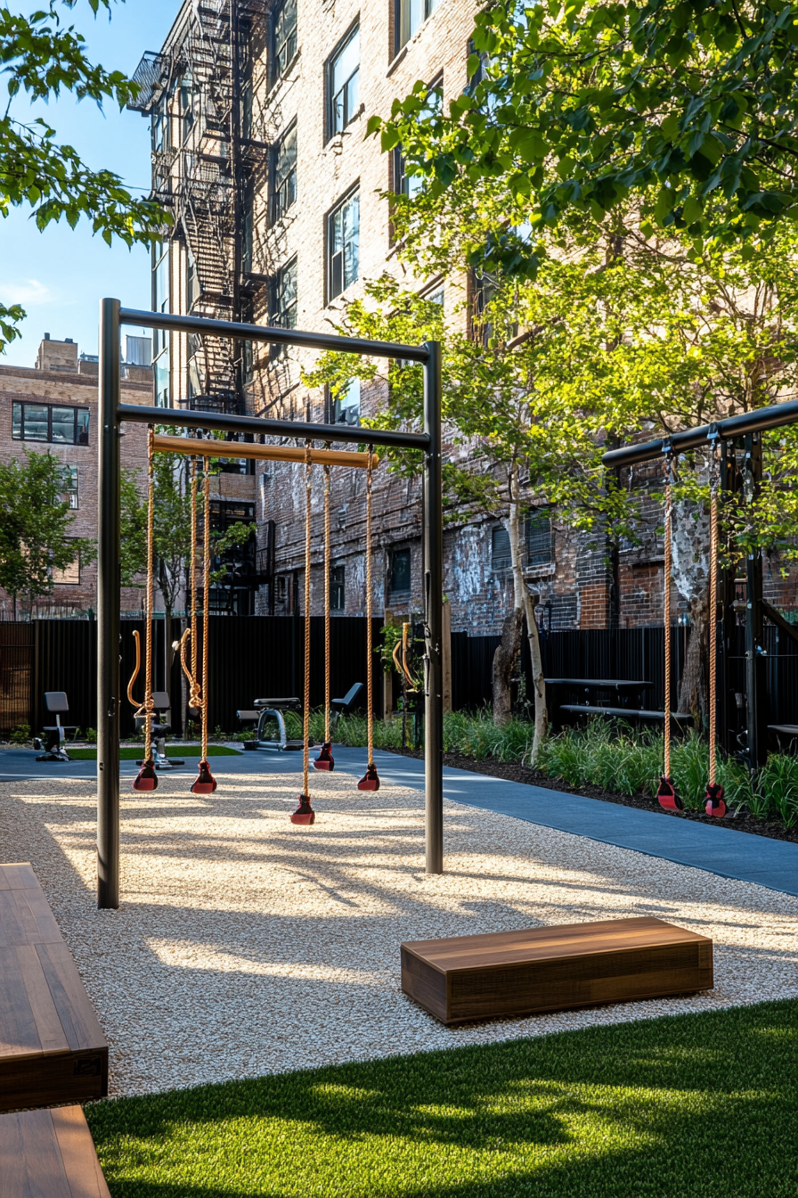 Fitness community space. Outdoor gym with rope climbing area and cardio machines.