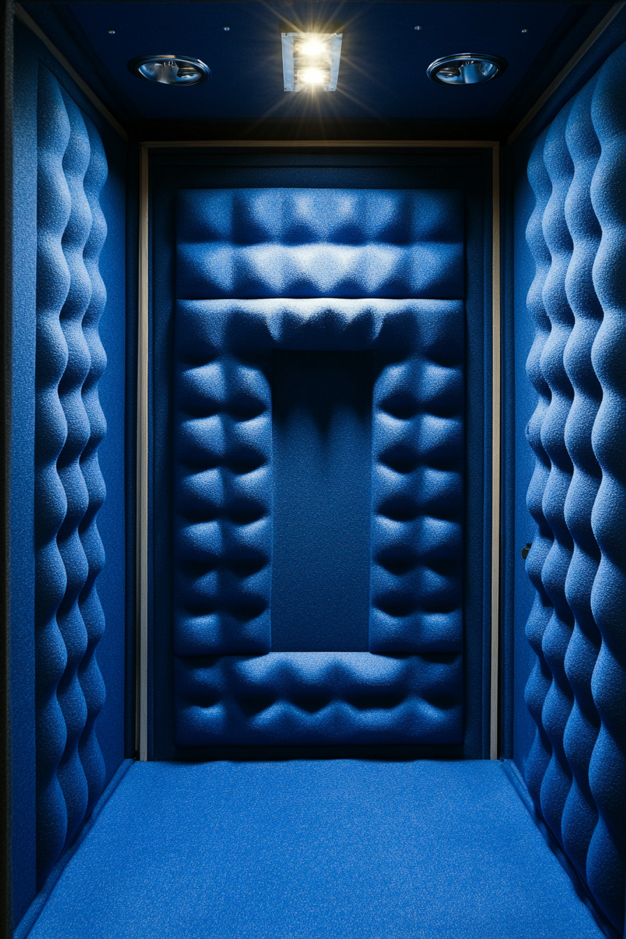 Mobile recording space. Voice isolation booth with complementing blue soundproof padding.