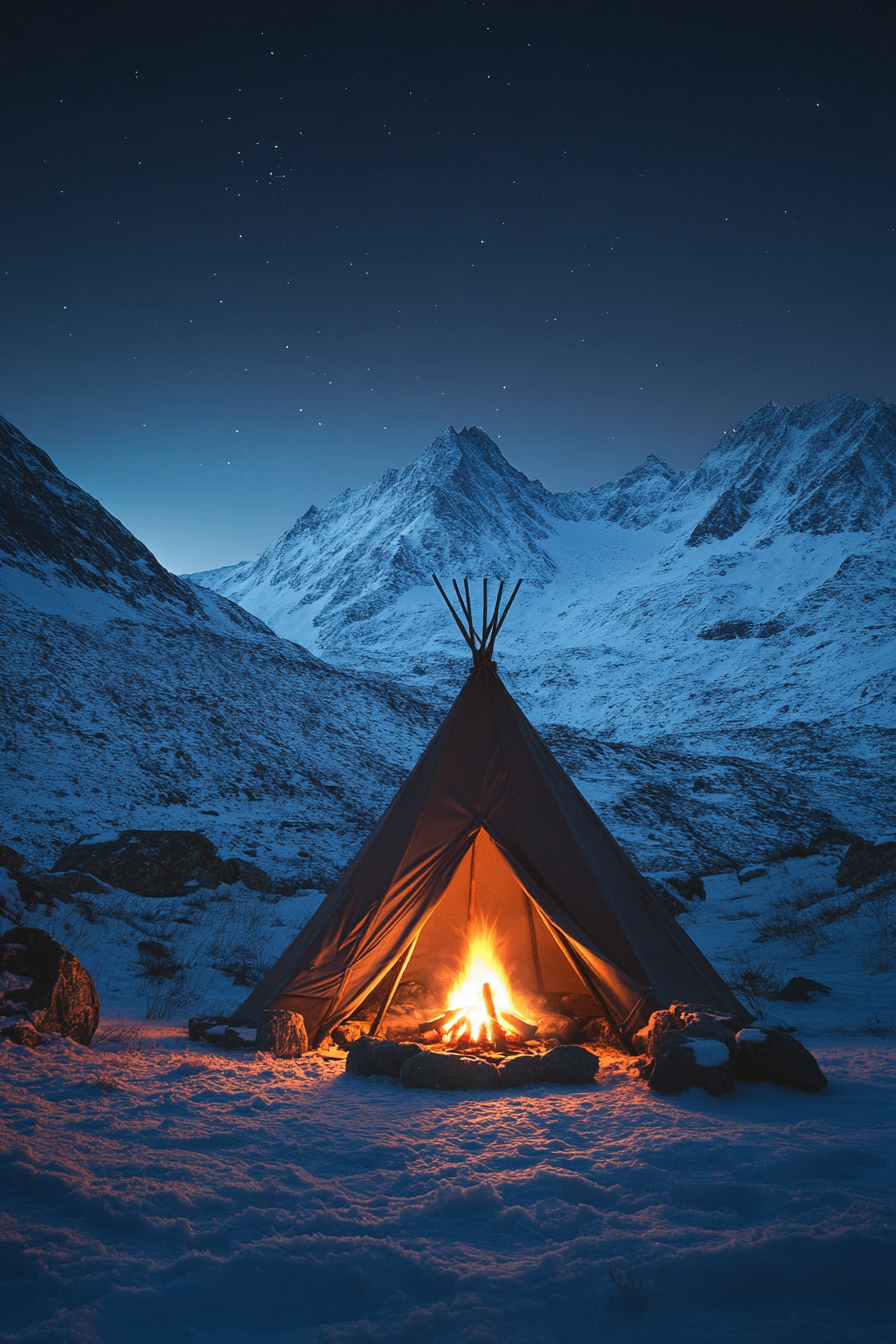High Alpine Site. Aurora viewing canvas tepee beside windprotected stone fire pit, facing snowcapped peaks.