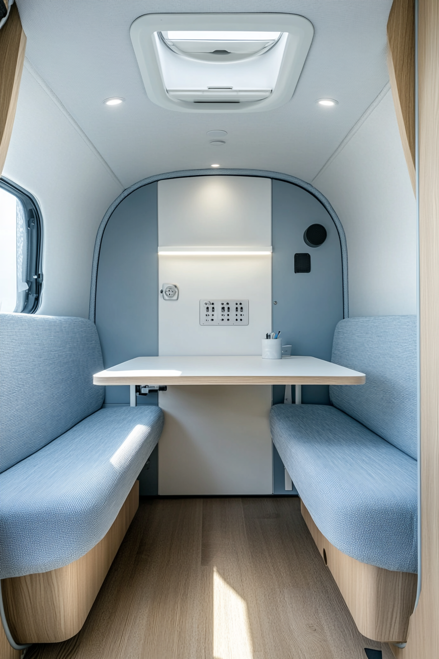 Therapy Van. Sky-blue upholstery, soundproof panels, whitewashed wooden desk.