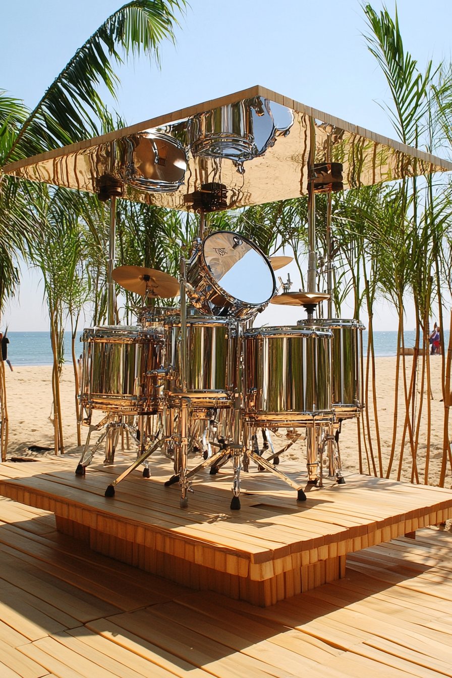 Mobile Studio Space. Chrome drum set perched on bamboo beach stage.
