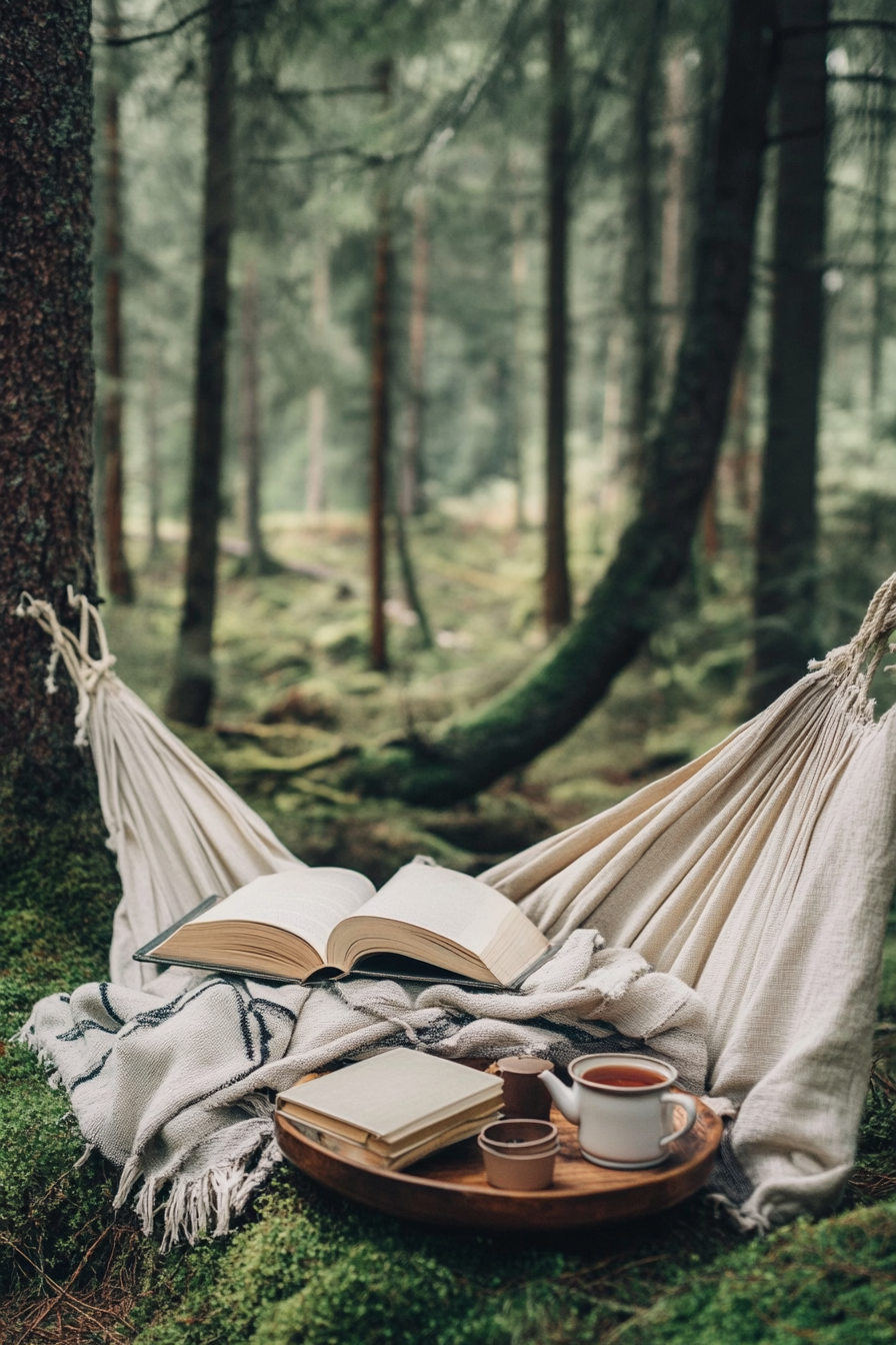 Wellness Escape Space. Hammock in whispering forest, paper books and minimalistic tea set.