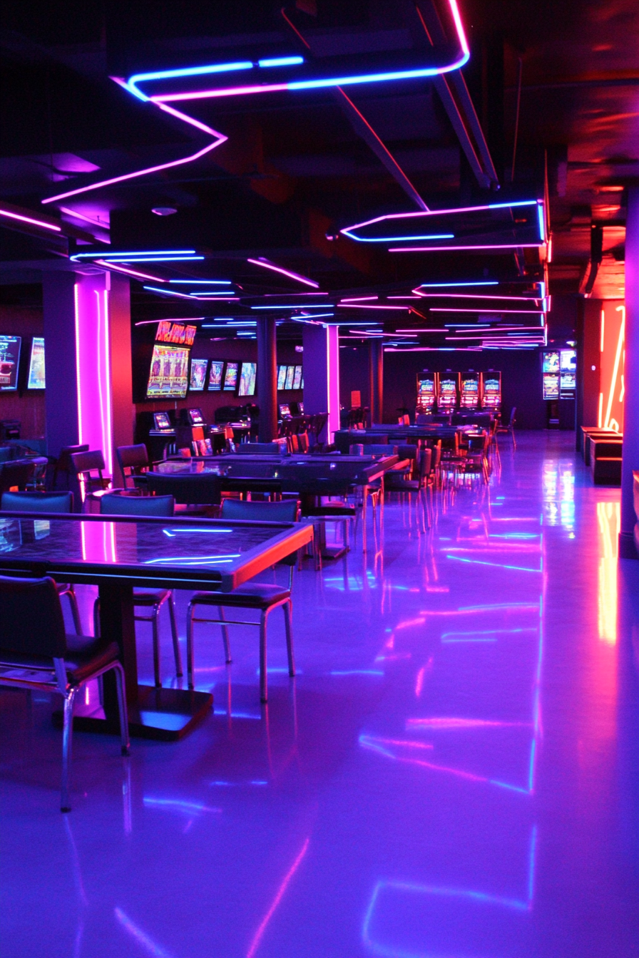 Social gaming space. Stadium-seating tournament area with neon lighting.