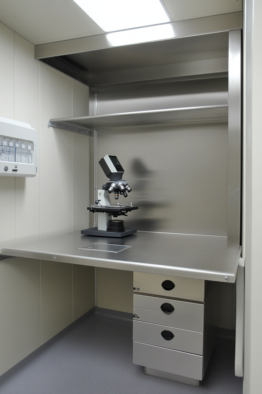 Mobile Research Space. Microscope station with stainless steel specimen storage cabinets.