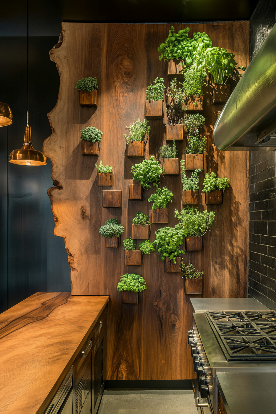 Community cooking space. Wooden herb wall with bronze accents.