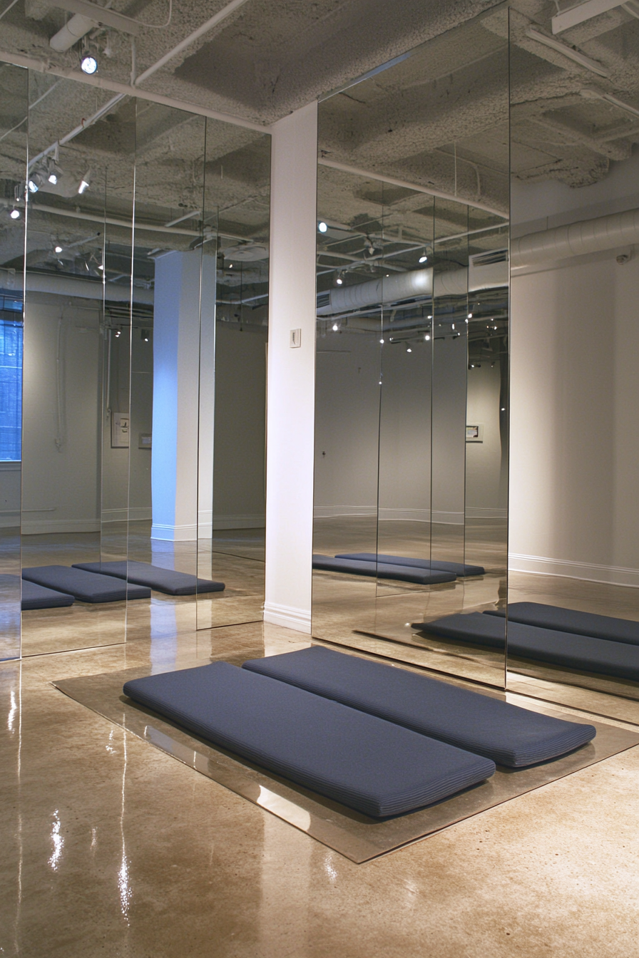 Movement Practice Space. Sprung floor with cushioned studio mats and full-length mirrored wall.