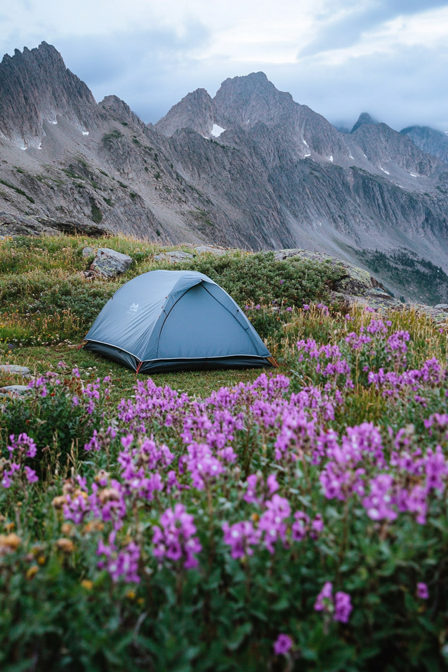 Highland site. Wind-protected, purple wildflower-surrounded tent pad with peak echo views.